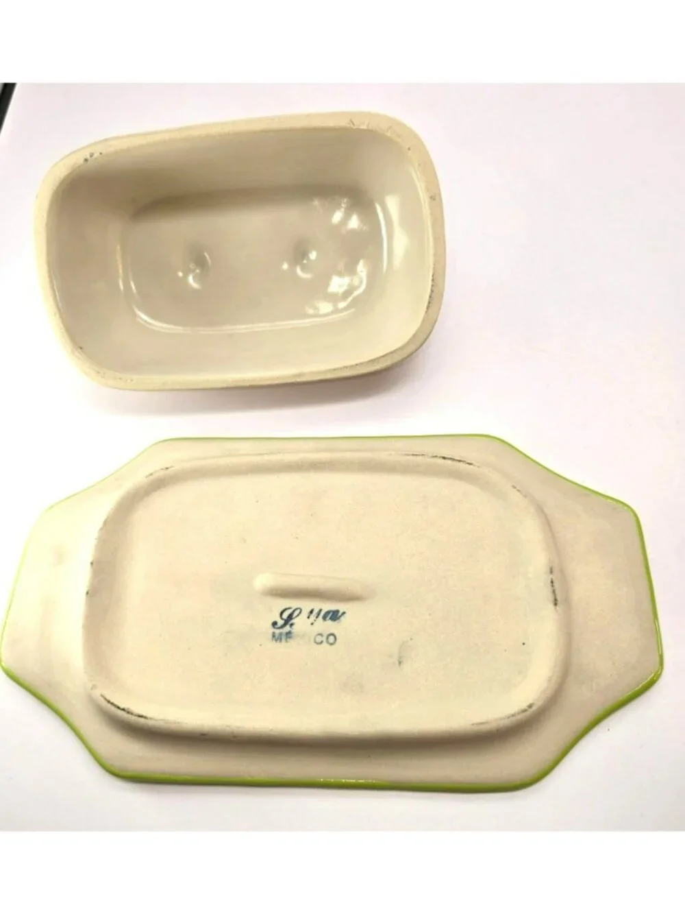 Vintage Ceramic Butter Dish & Lid With Green Floral Design Hand-Painted CM2352